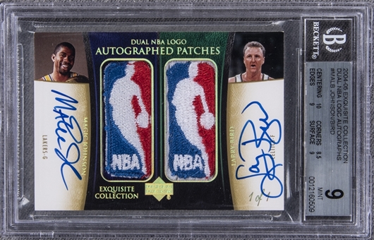 2004-05 UD Exquisite Collection "Dual NBA Logo Autographs" #MA-LB Magic Johnson/Larry Bird Dual-Signed Game Used Logoman Patch Card (#1/1) - BGS MINT 9/BGS 10